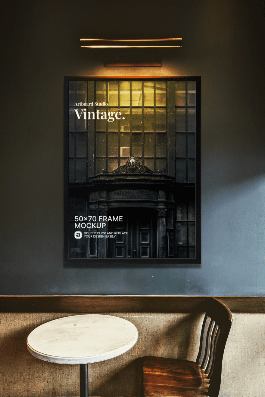 JPG A rendered mockup scene showing a living room with three picture or poster frames. Cafe Interior Poster Frame Mockup Template